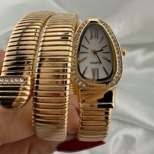 Classic Serpentine Gold Snake Coil Wrap Crystal-Embellished Statement Watch